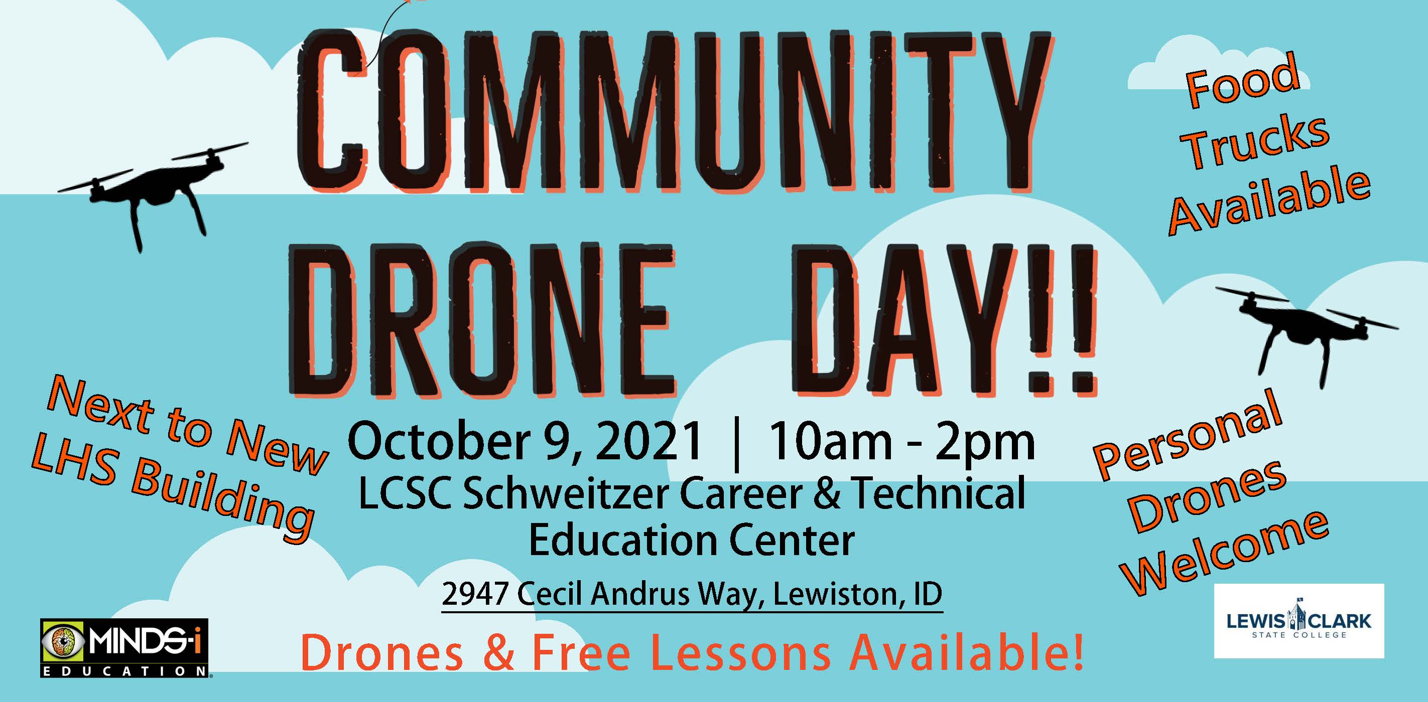 Flier with drones flying in the clouds. Community Drone Day!!